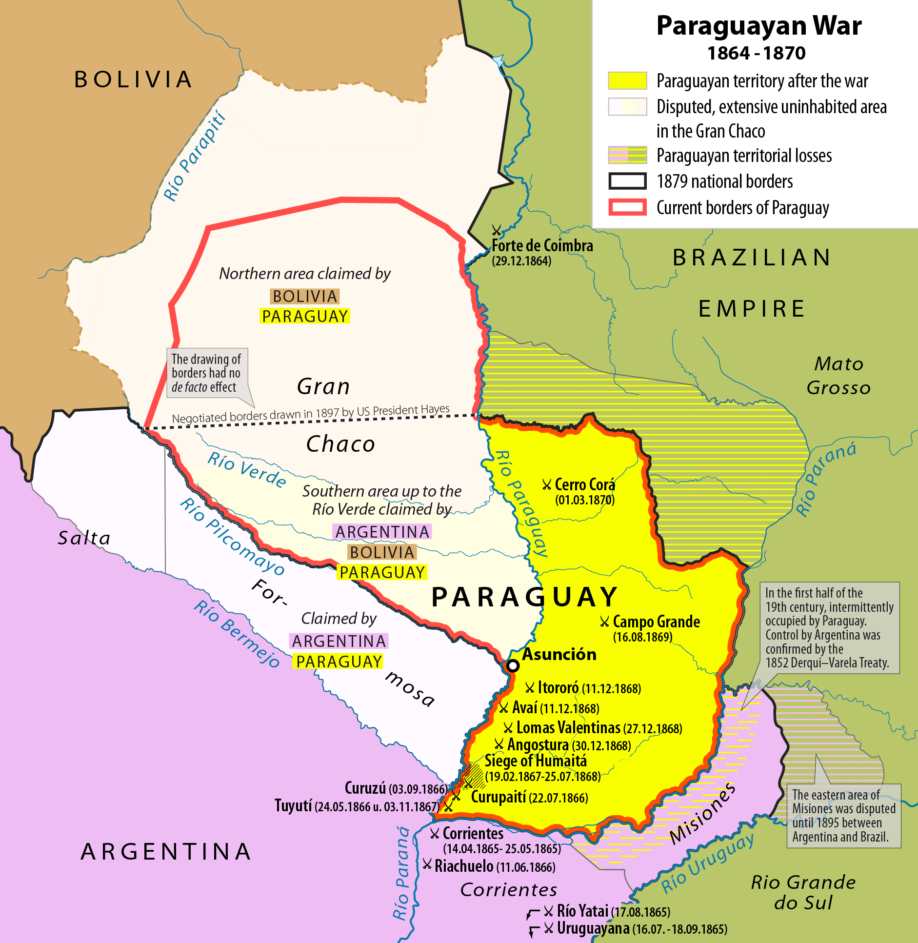 Mapa das operações e deslocamentos da Guerra do Paraguai entre 1864 e 1870