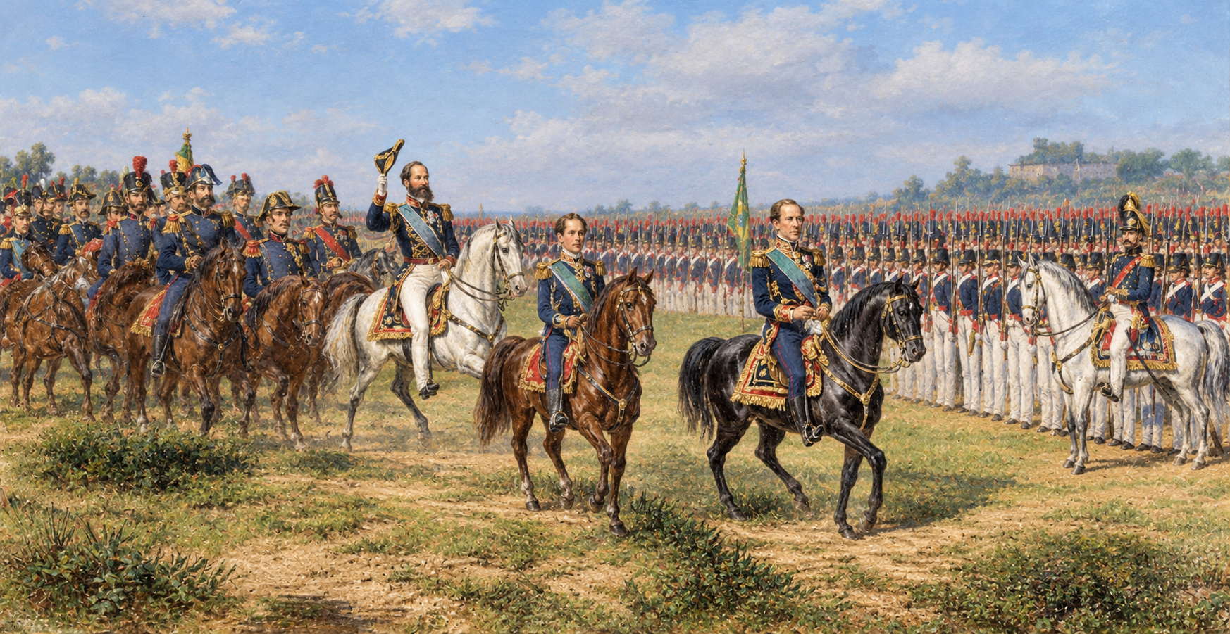 Versão em cores de cena com Pedro II, Caxias e outros personagens em 1865