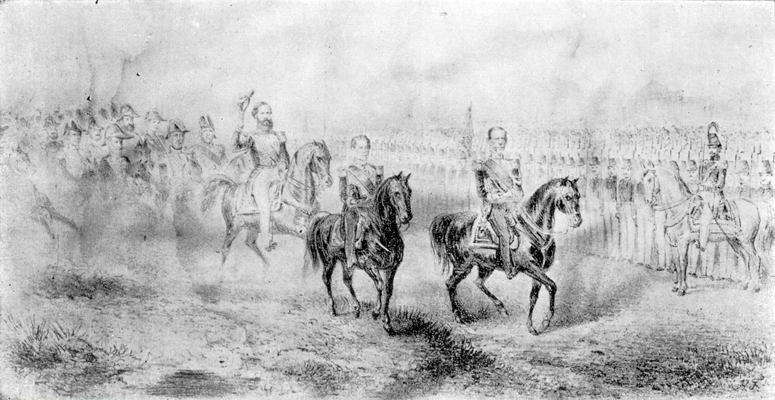 Pedro II, Caxias e outros personagens em cena militar identificada como de 1865