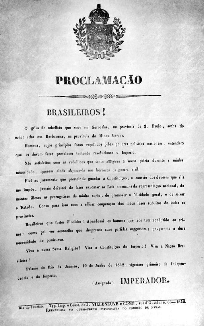 Proclamação de Dom Pedro II sobre a revolta de Sorocaba em 1842